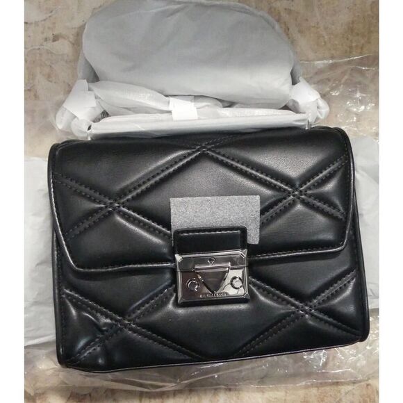 MICHAEL KORS MED Serena Black Silver Quilted F. Leather Crossbody Bag AUTH NEW - Picture 3 of 5